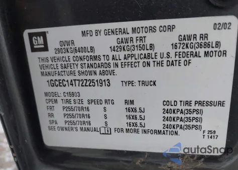 2002 Chevrolet Silverado 1500 from USA, damaged, VIN 1GCEC14T72Z251913